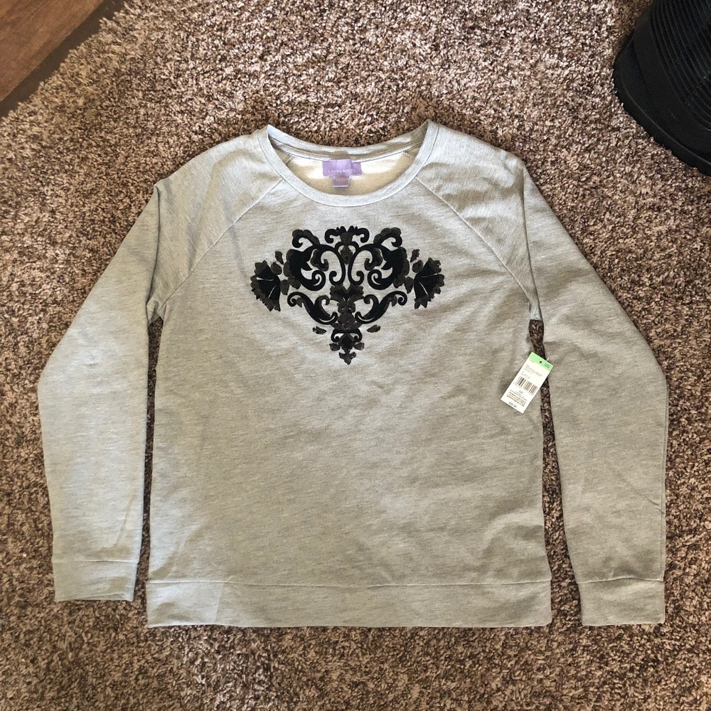 heather grey with black paisley sweater